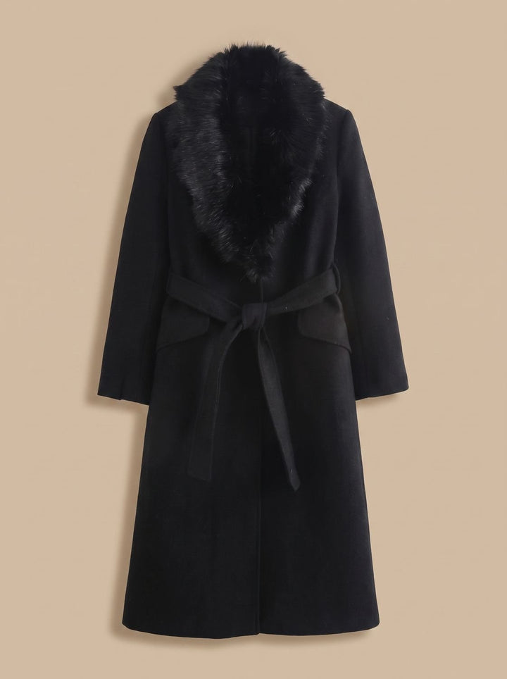Women's Coat – Belted Faux Fur Collar Longline