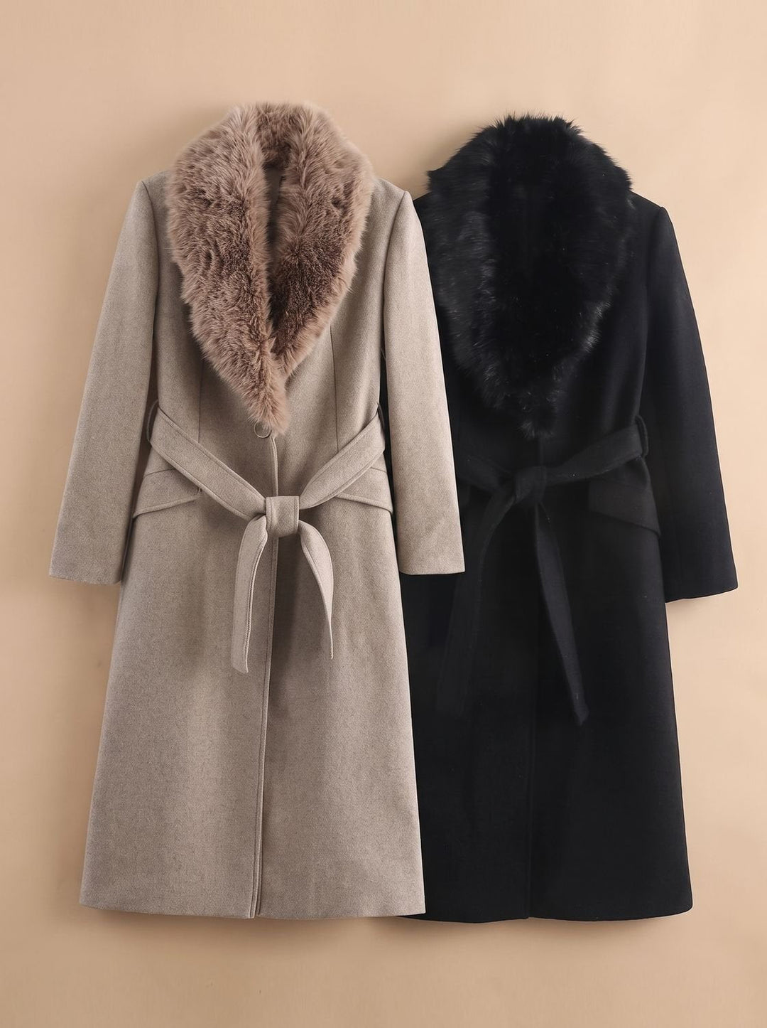 Women's Coat – Belted Faux Fur Collar Longline