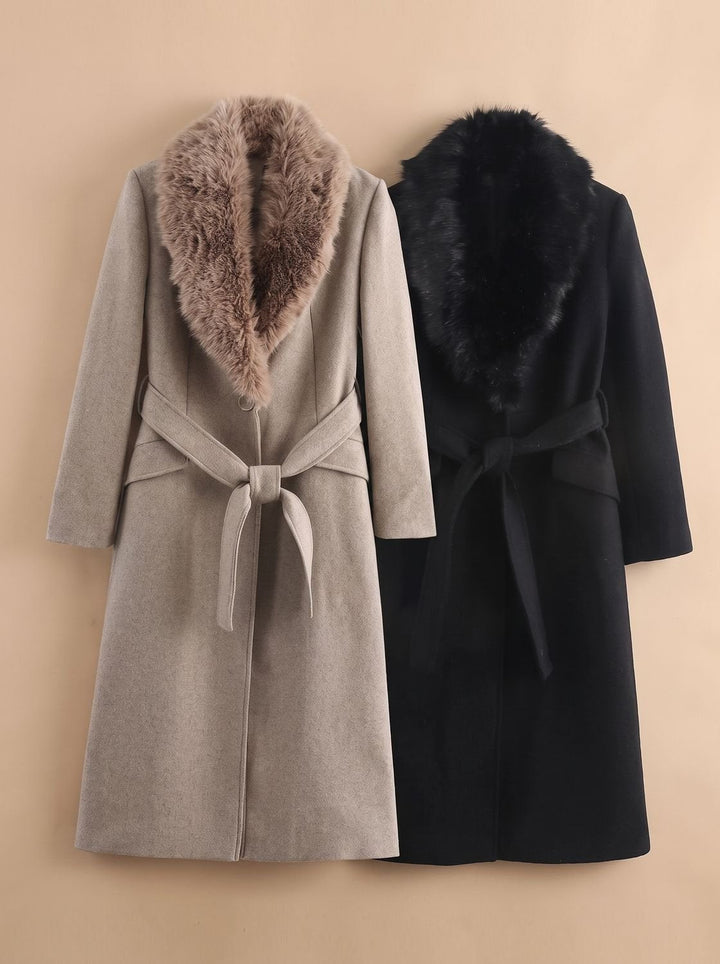 Women's Coat – Belted Faux Fur Collar Longline