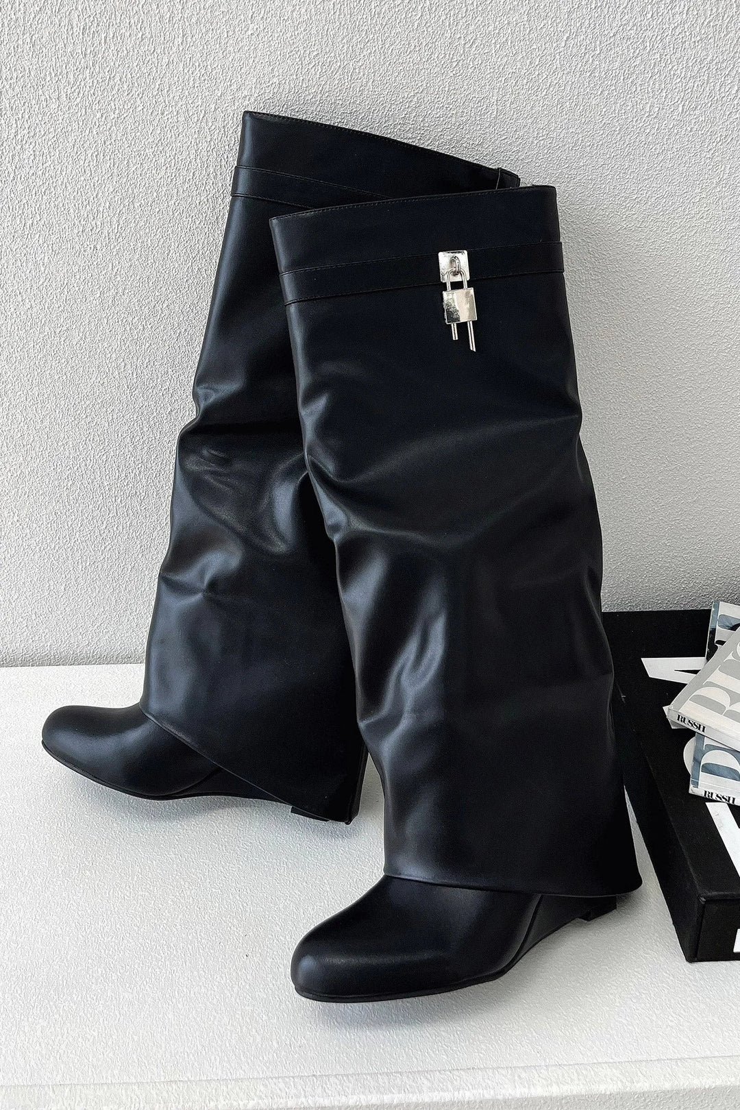 Women's Black Faux Leather Knee-High Boots – Pointed Toe And Slouchy Shaft