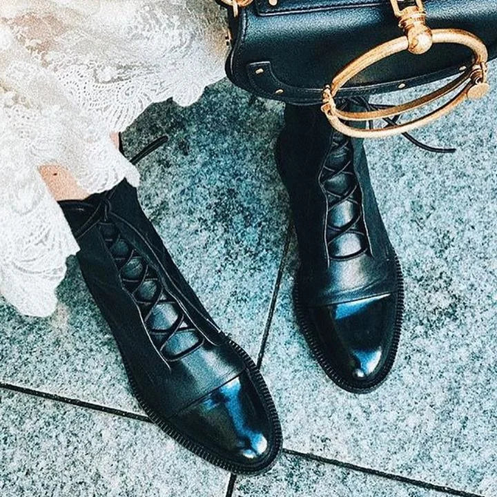 Women's Black Leather Heeled Pointed-Toe Boots – Lace-Up Cap-Toe Design