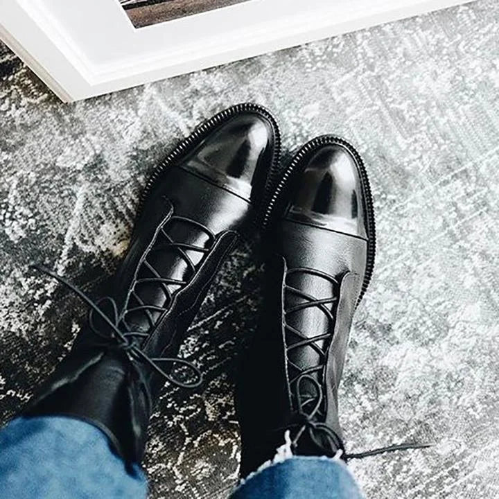 Women's Black Leather Heeled Pointed-Toe Boots – Lace-Up Cap-Toe Design