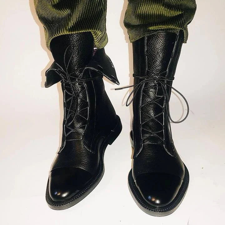Women's Black Leather Heeled Pointed-Toe Boots – Lace-Up Cap-Toe Design