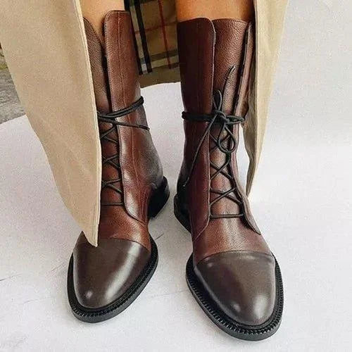 Women's Black Leather Heeled Pointed-Toe Boots – Lace-Up Cap-Toe Design