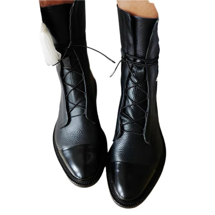 Women's Black Leather Heeled Pointed-Toe Boots – Lace-Up Cap-Toe Design