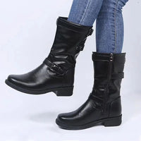 Women's Black Supportive Comfort Mid-Calf Biker Boots – Side Zipper