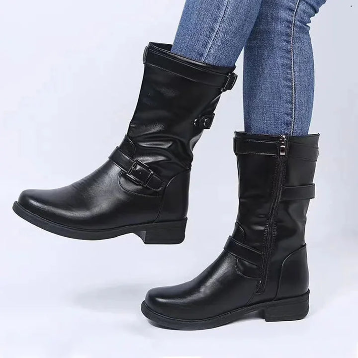 Women's Black Supportive Comfort Mid-Calf Biker Boots – Side Zipper