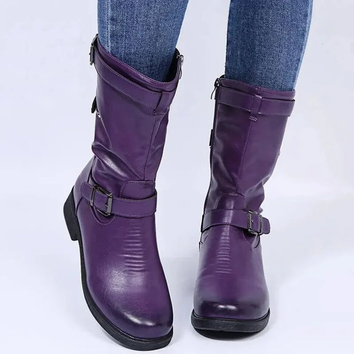 Women's Black Supportive Comfort Mid-Calf Biker Boots – Side Zipper