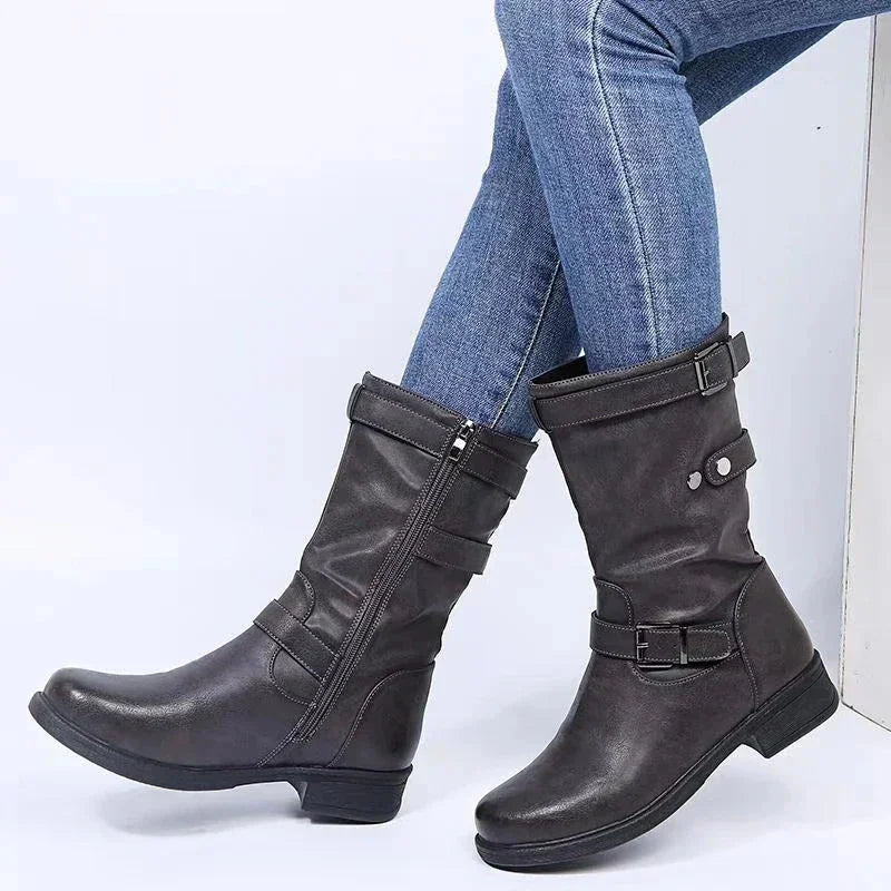 Women's Black Supportive Comfort Mid-Calf Biker Boots – Side Zipper