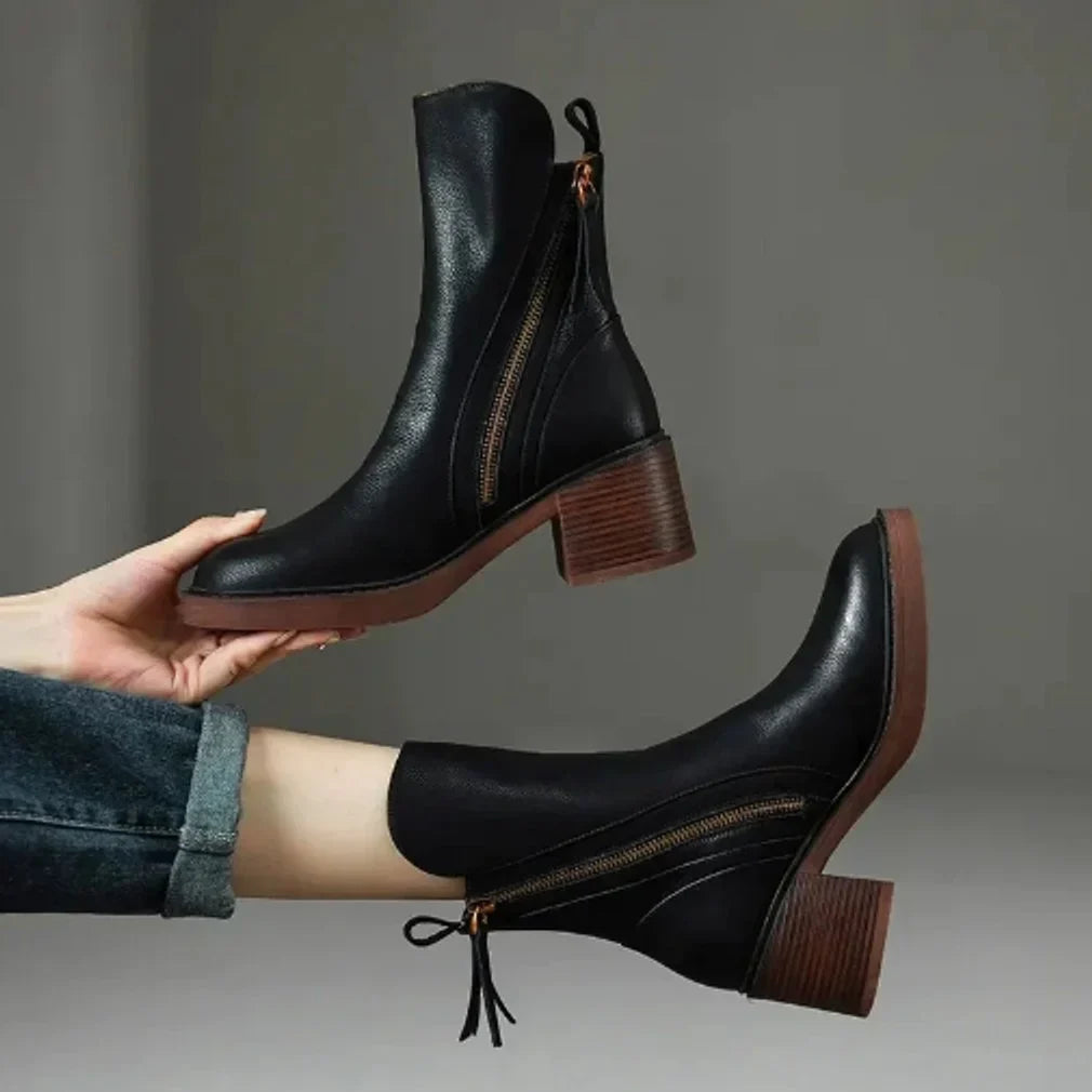 Women's Block-Heel Side-Zip Leather Ankle Boots