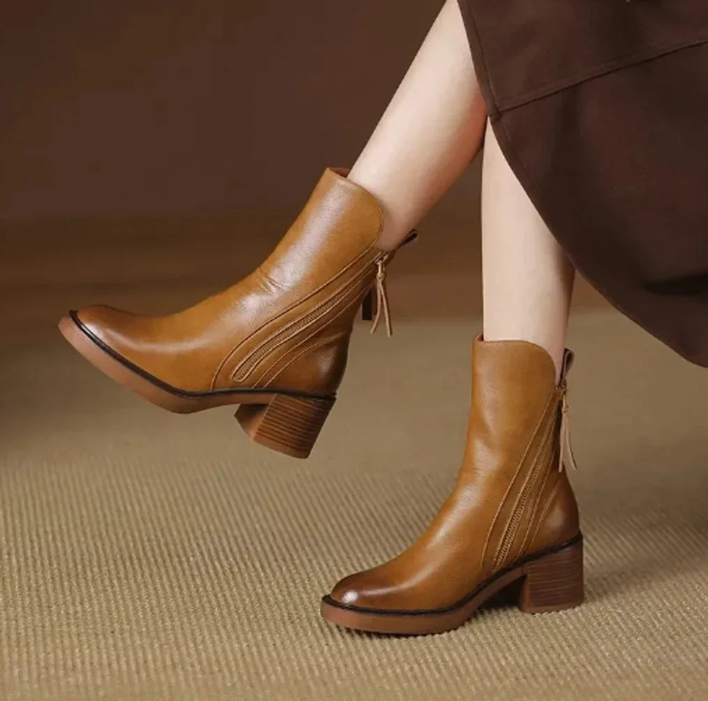 Women's Block-Heel Side-Zip Leather Ankle Boots