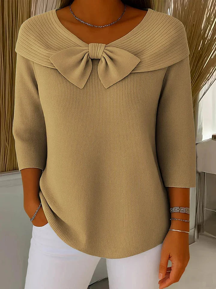 Women's Bow-Detail Ribbed Knit Sweater – V-Neck And 3/4 Sleeve