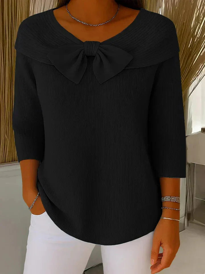 Women's Bow-Detail Ribbed Knit Sweater – V-Neck And 3/4 Sleeve