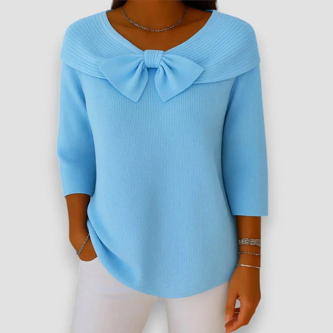 Women's Bow-Detail Ribbed Knit Sweater – V-Neck And 3/4 Sleeve