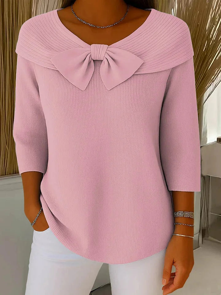 Women's Bow-Detail Ribbed Knit Sweater – V-Neck And 3/4 Sleeve