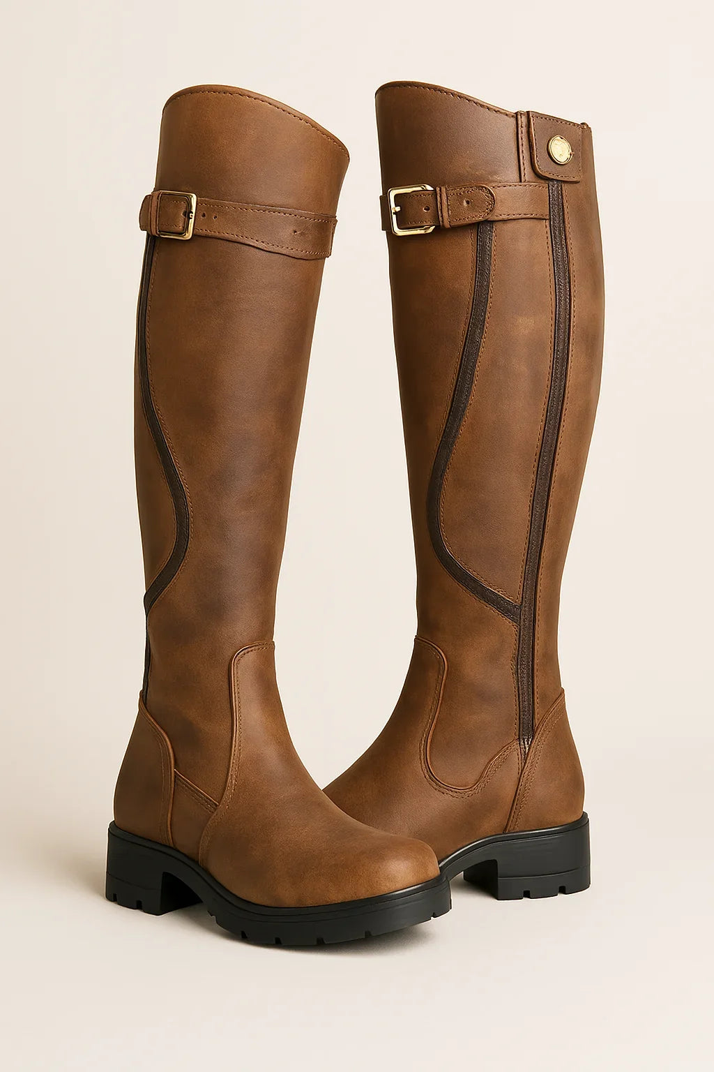 Women's Brown Knee-High Riding Boots – Decorative Buckle And Lug Sole