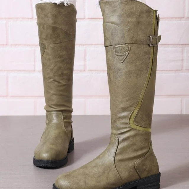 Women's Brown Knee-High Riding Boots – Decorative Buckle And Lug Sole