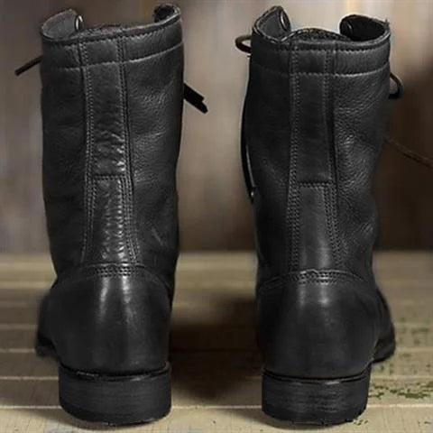 Women's Brown Leather Mid-Calf Combat Boots – Lace-Up Front