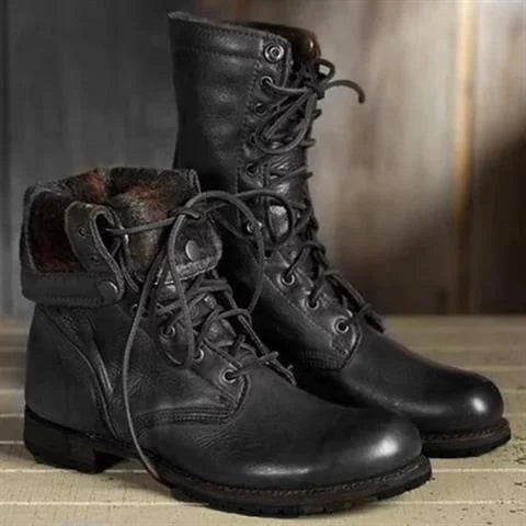 Women's Brown Leather Mid-Calf Combat Boots – Lace-Up Front