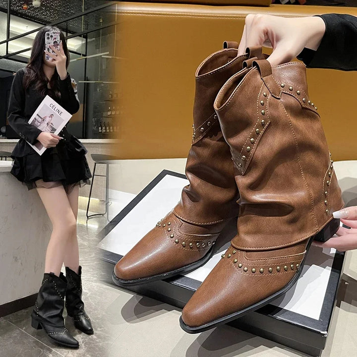 Women's Brown Studded Western Mid-Calf Boots – Pointed-Toe And Block-Heel