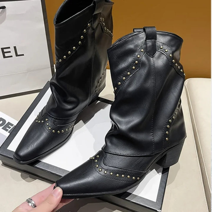 Women's Brown Studded Western Mid-Calf Boots – Pointed-Toe And Block-Heel