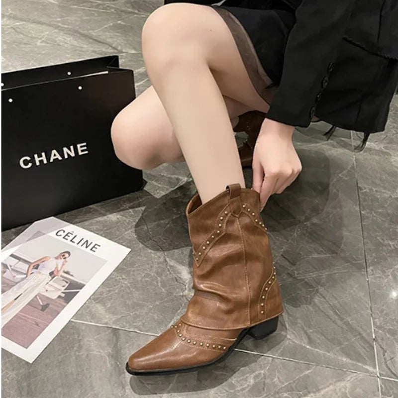 Women's Brown Studded Western Mid-Calf Boots – Pointed-Toe And Block-Heel