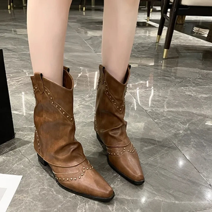 Women's Brown Studded Western Mid-Calf Boots – Pointed-Toe And Block-Heel
