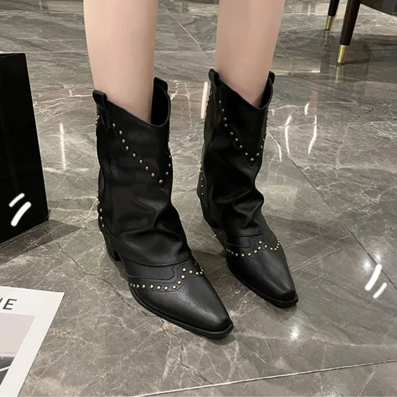 Women's Brown Studded Western Mid-Calf Boots – Pointed-Toe And Block-Heel