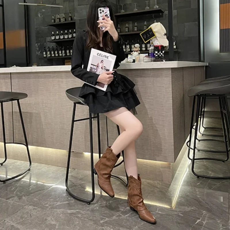 Women's Brown Studded Western Mid-Calf Boots – Pointed-Toe And Block-Heel