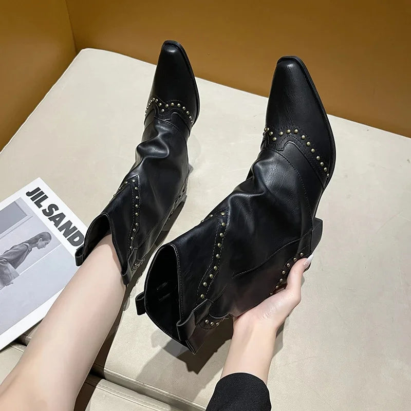 Women's Brown Studded Western Mid-Calf Boots – Pointed-Toe And Block-Heel