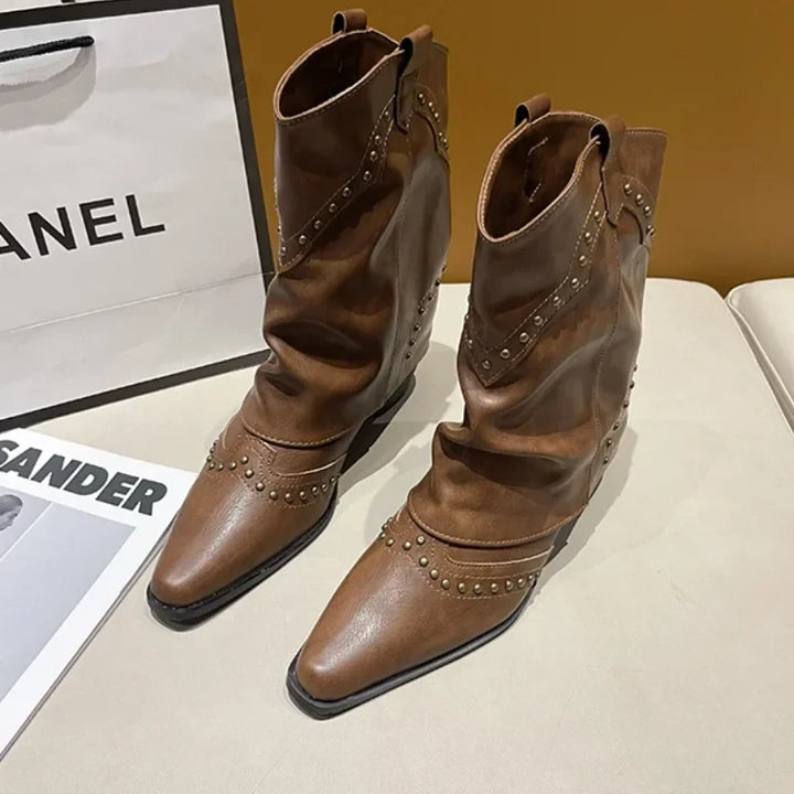 Women's Brown Studded Western Mid-Calf Boots – Pointed-Toe And Block-Heel