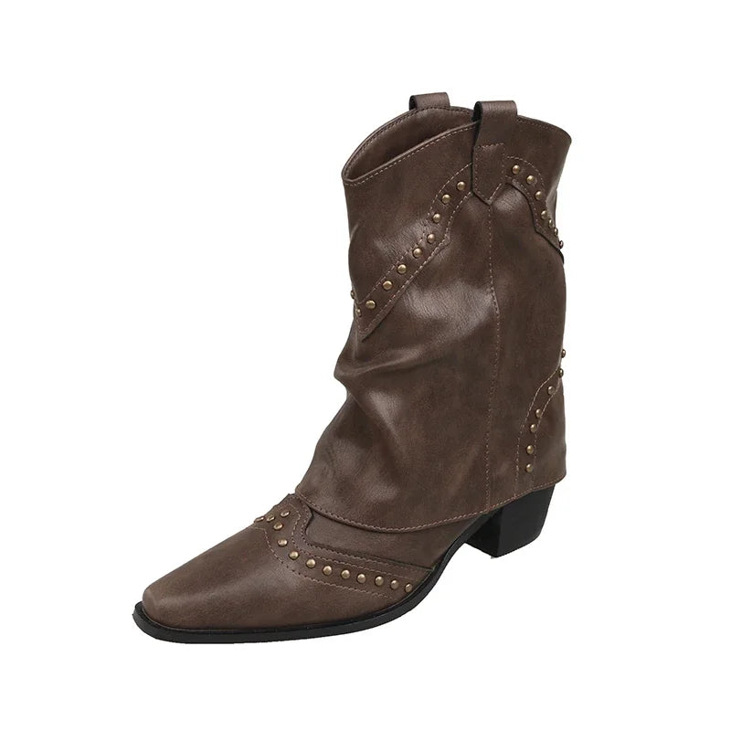 Women's Brown Studded Western Mid-Calf Boots – Pointed-Toe And Block-Heel