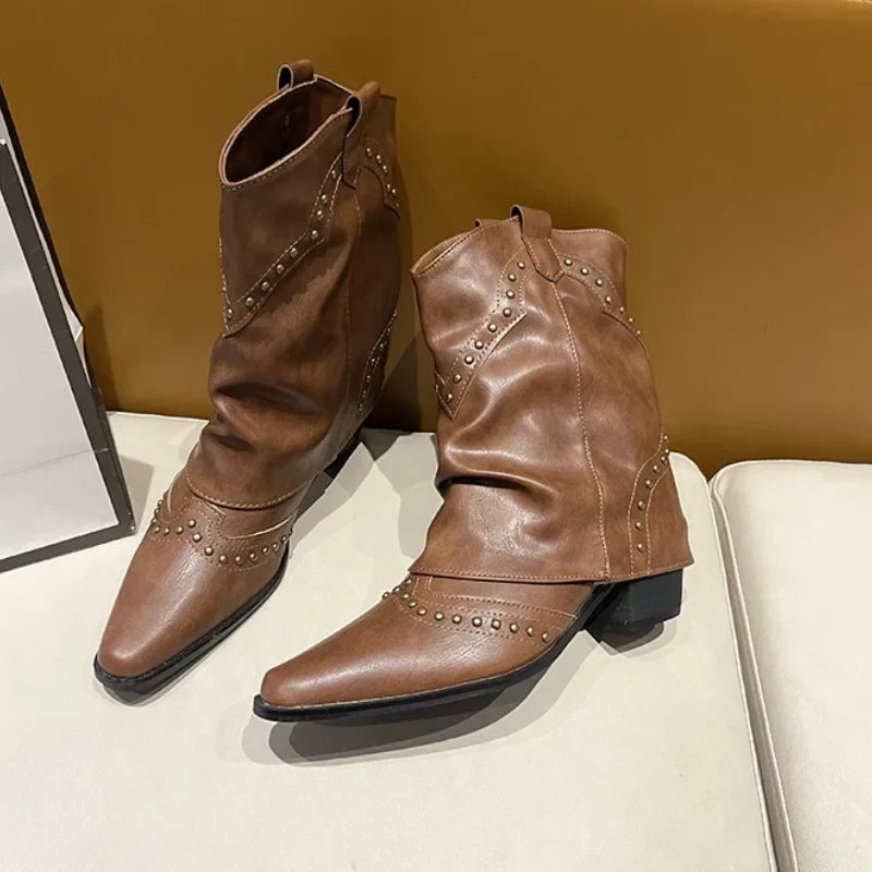 Women's Brown Studded Western Mid-Calf Boots – Pointed-Toe And Block-Heel