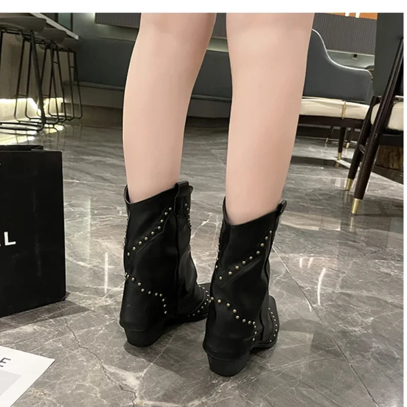 Women's Brown Studded Western Mid-Calf Boots – Pointed-Toe And Block-Heel