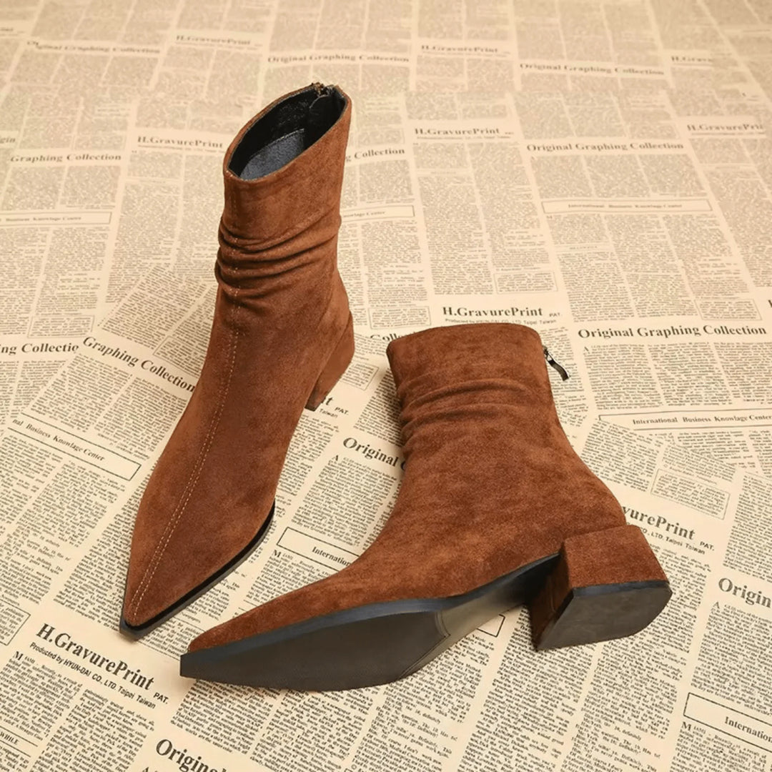 Women's Brown Suede Slouchy Ankle Boot – Pointed-Toe And Block-Heel
