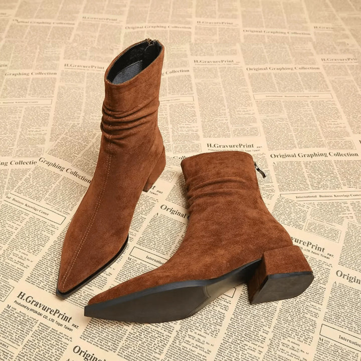 Women's Brown Suede Slouchy Ankle Boot – Pointed-Toe And Block-Heel