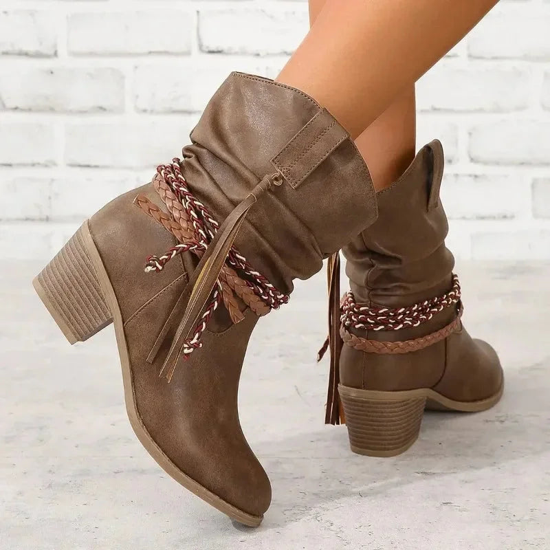 Women's Brown Western Slouchy Boots – Braided Tassels And Stacked Heel