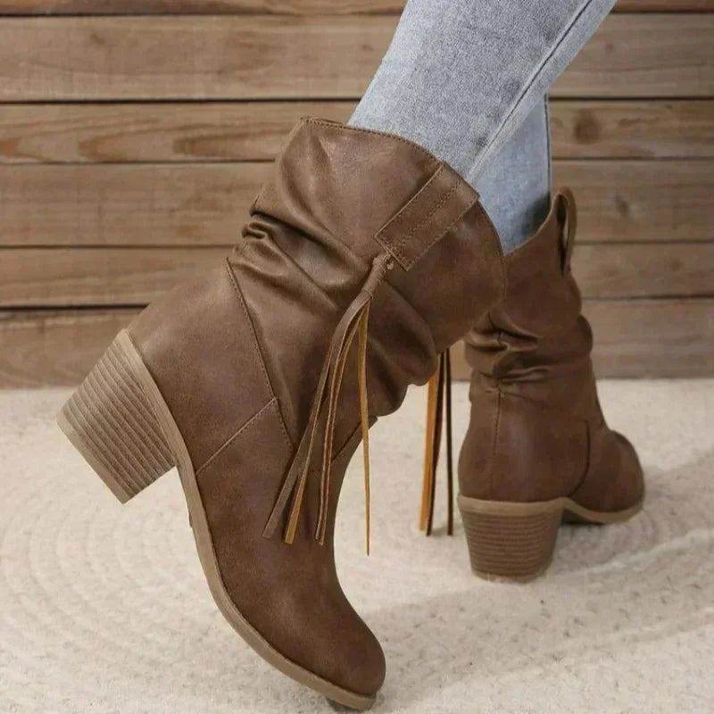 Women's Brown Western Slouchy Boots – Braided Tassels And Stacked Heel