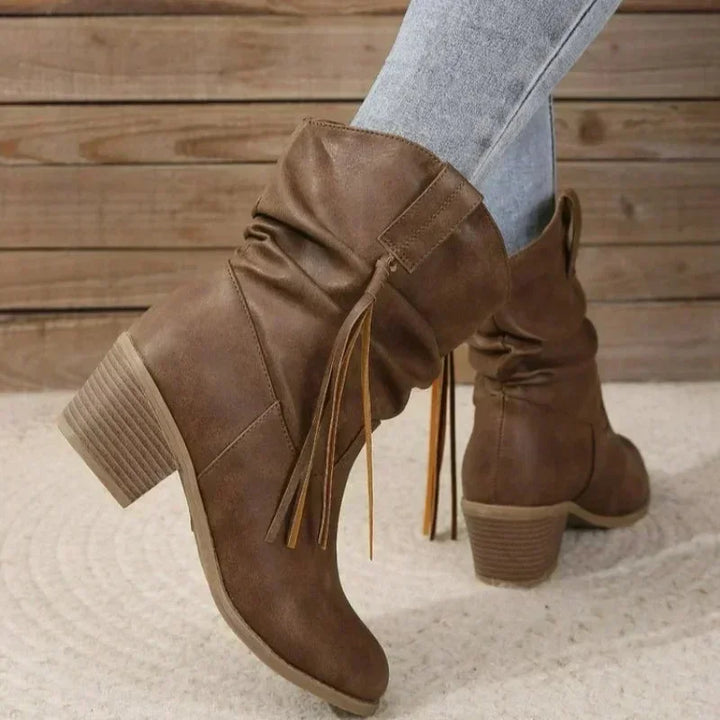 Women's Brown Western Slouchy Boots – Braided Tassels And Stacked Heel