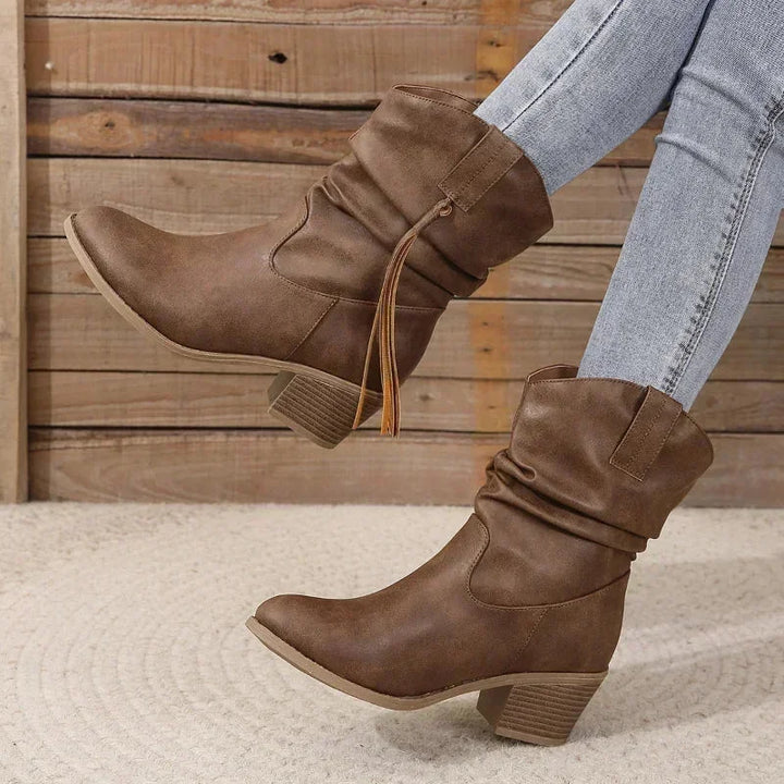 Women's Brown Western Slouchy Boots – Braided Tassels And Stacked Heel