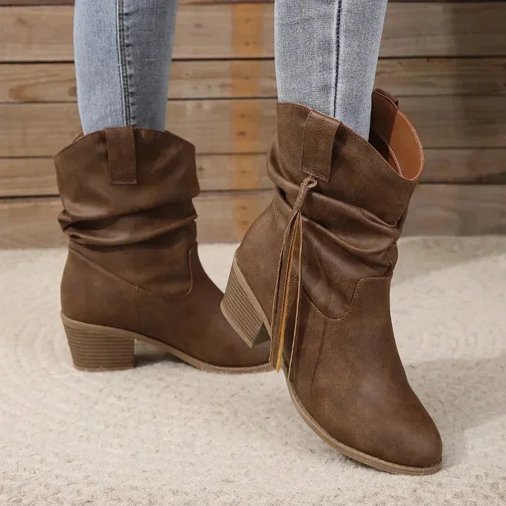 Women's Brown Western Slouchy Boots – Braided Tassels And Stacked Heel
