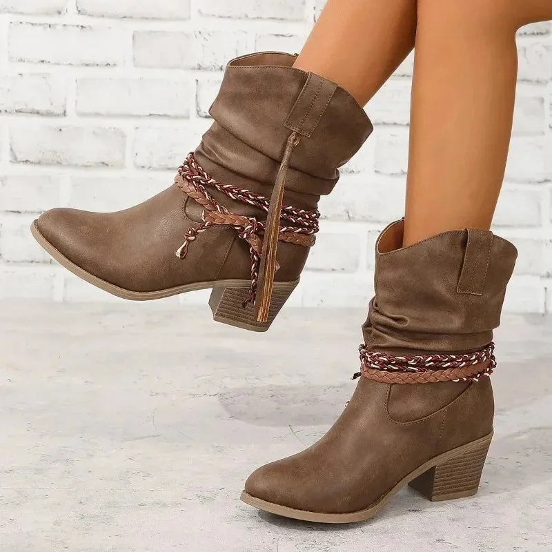 Women's Brown Western Slouchy Boots – Braided Tassels And Stacked Heel