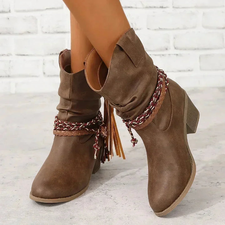 Women's Brown Western Slouchy Boots – Braided Tassels And Stacked Heel
