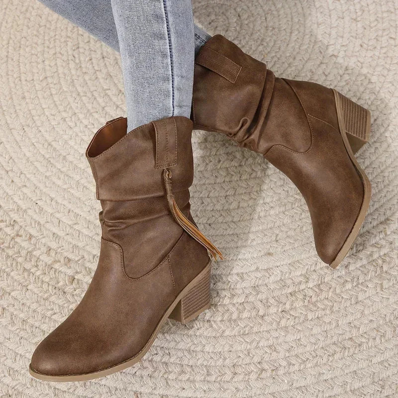 Women's Brown Western Slouchy Boots – Braided Tassels And Stacked Heel