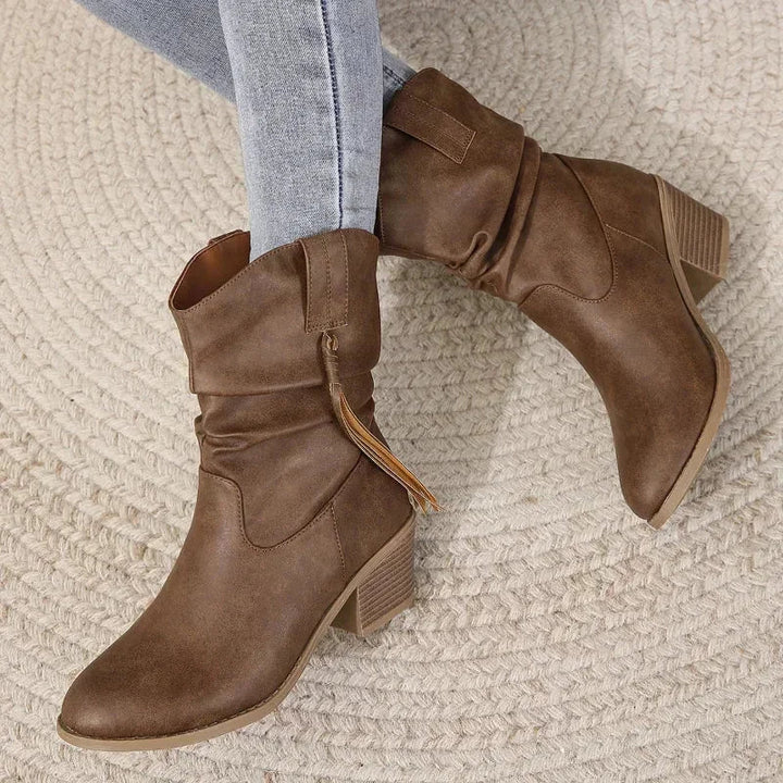 Women's Brown Western Slouchy Boots – Braided Tassels And Stacked Heel