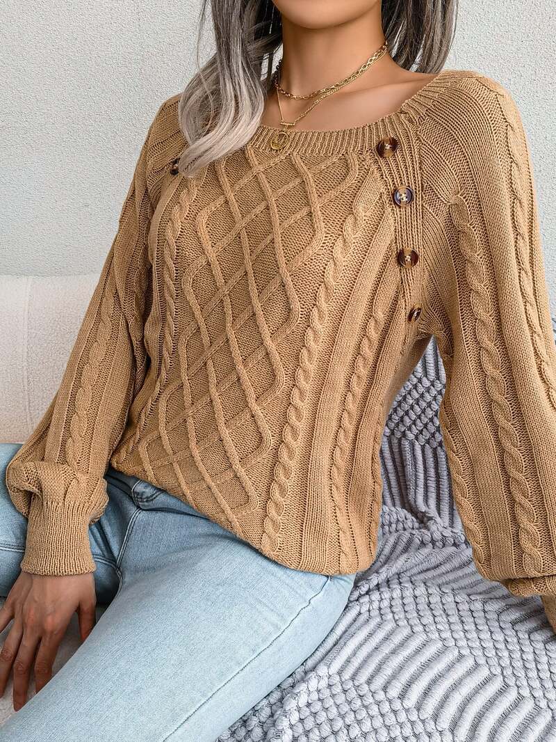 Women's Jumper – Square Neck Button Detail Cable Knit