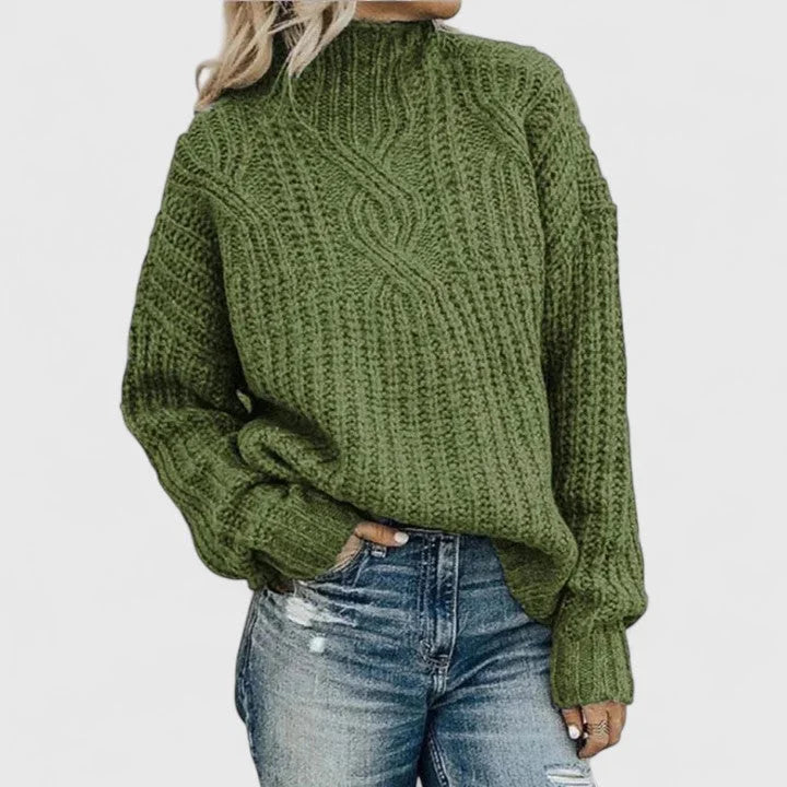 Women's Cable Knit Sweater – Mock-Neck Long Sleeves And Relaxed Fit