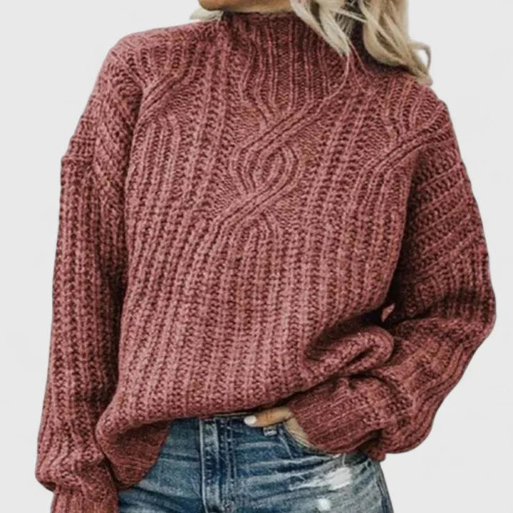 Women's Cable Knit Sweater – Mock-Neck Long Sleeves And Relaxed Fit