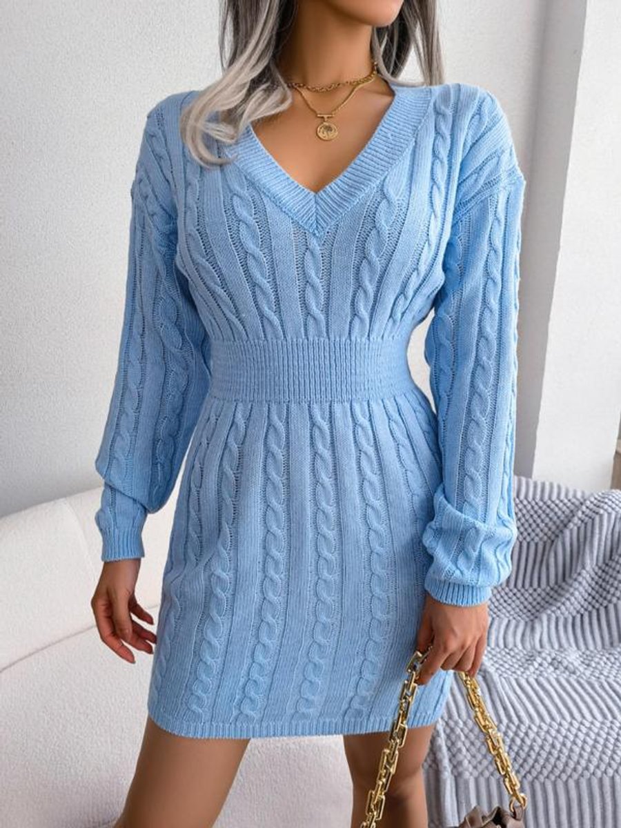 Women's Knitted Dress – Cable-Knit V-Neck