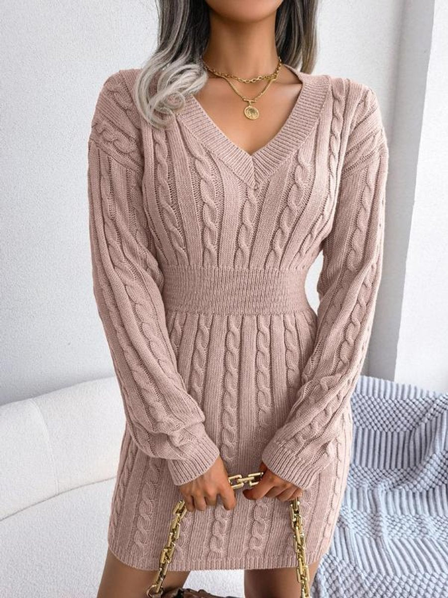 Women's Knitted Dress – Cable-Knit V-Neck